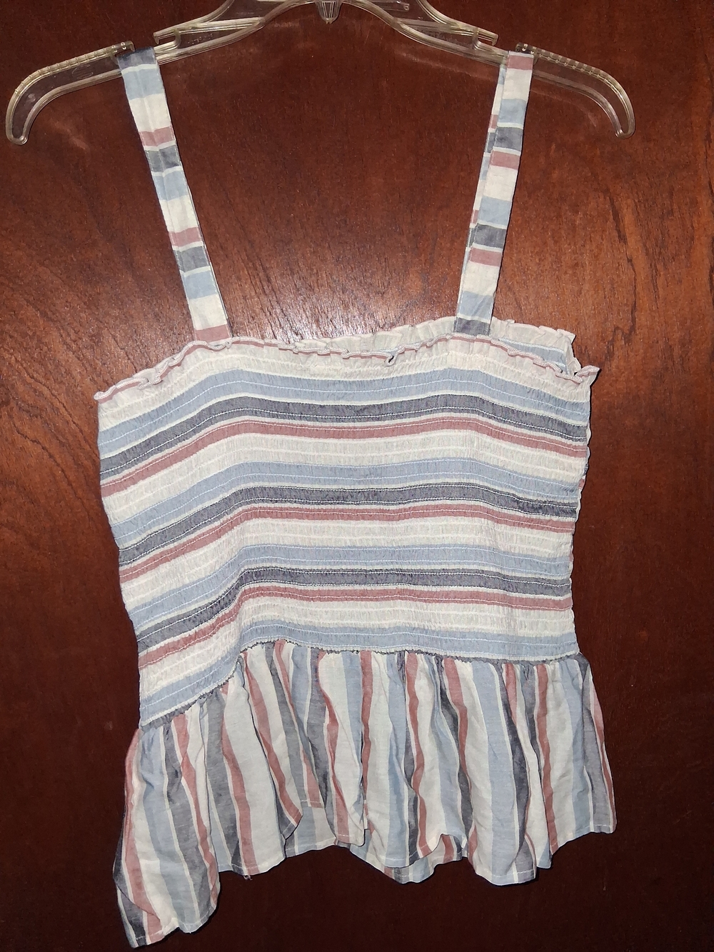 Gypsies & Moondust Striped Smocked Peplum Cami - Blue, White & Pink